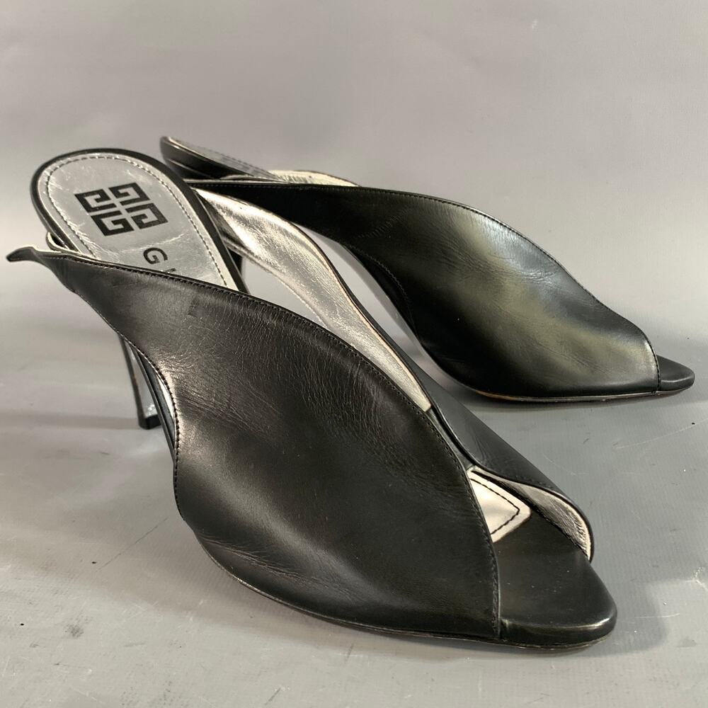 GIVENCHY Size 10 Black Silver Leather Mules Pumps
